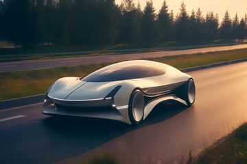 Obraz na płótnie Canvas futuristic sports car driving at high speed on the road with beautiful scenery in the background, illustrates the speed of a super sports car made with generative AI