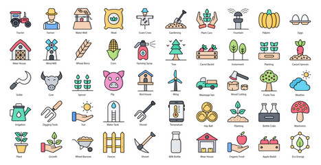 Fototapeta premium Agriculture Line Color Icons Animal Gardening Farming Farmer Iconset in Filled Outline Style 50 Vector Icons