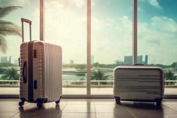 suitcase at the airport, in the background runway with airplane, summer vacation with luggage at the terminal made with Generative AI