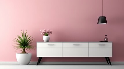 contemporary hall. pink wall close to white dresser. Mockup of an interior. Generative AI