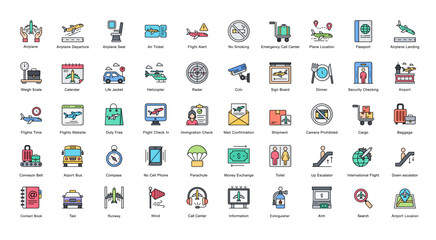 Airport Line Color Iconset Airplane Flight Filled Outline Icon Bundle