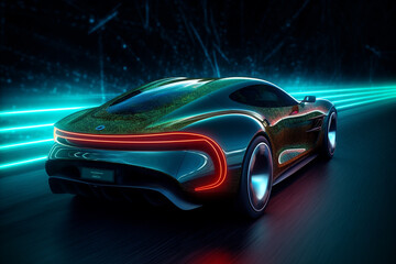 Obraz na płótnie Canvas futuristic sports car rides at high speed on neon highway, illustrates the speed of a supercar made with Generative AI
