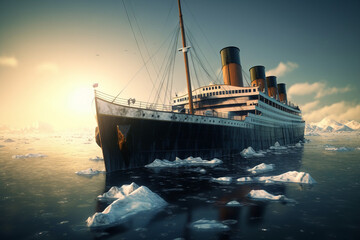 Sinking titanic in front of iceberg