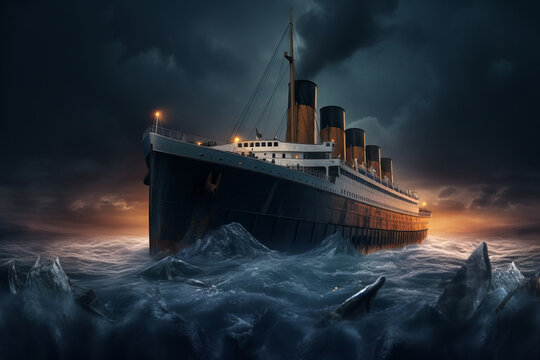 Sinking titanic in front of iceberg