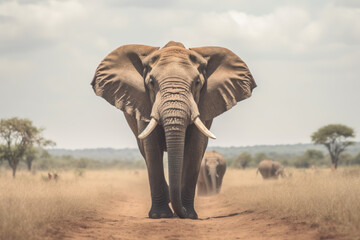 Fototapeta na wymiar Big elephant walking in the middle of the savanna. Generative AI.