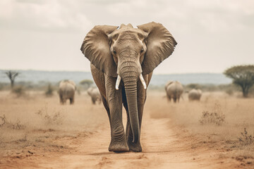 Fototapeta na wymiar Big elephant walking in the middle of the savanna. Generative AI.