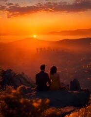 Romantic silhouette of a couple overlooking a golden city at sunset. The warm light bathes the scene, capturing their peaceful moment