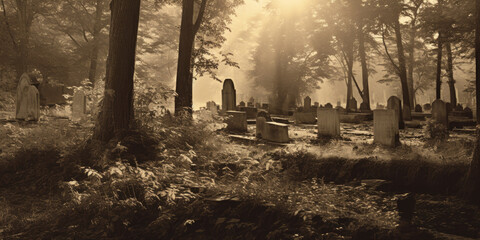 forgotten cemetery, weathered gravestones bear the weight of time  Generative AI Digital Illustration Part#110623