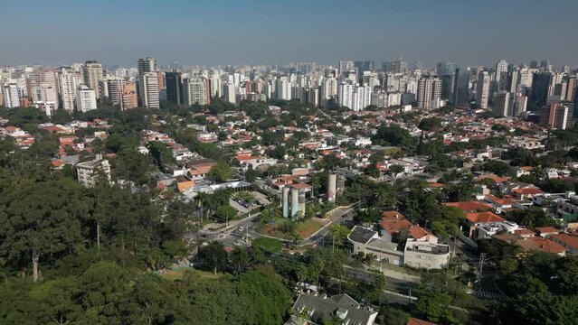Aerial view of Sao Paulo city, next to Ibirapuera Park. Prevervetion area with trees and green area of Ibirapuera park in Sao Paulo city, Brazil.