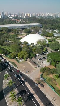 Aerial view of Sao Paulo city, next to Ibirapuera Park. Prevervetion area with trees and green area of Ibirapuera park in Sao Paulo city, Brazil.