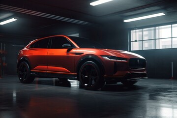 Plakat Electric SUV parked in garage being recharged. 3D render. Generative AI