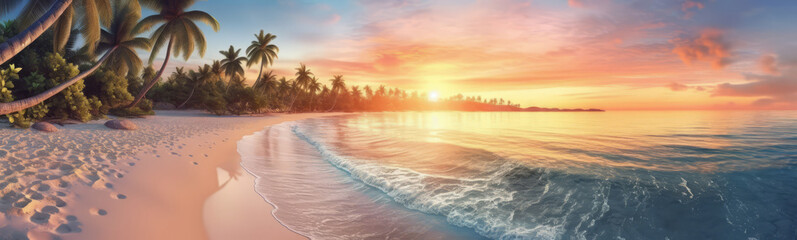 Paradise beach with palm trees and calm ocean at dawn or sunset. Panoramic banner of a peaceful landscape - Generative AI - obrazy, fototapety, plakaty