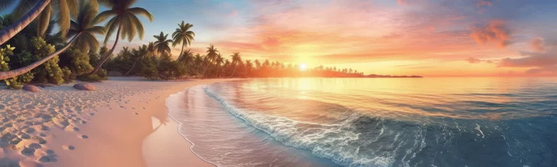 Fototapeten Paradise beach with palm trees and calm ocean at dawn or sunset. Panoramic banner of a peaceful landscape - Generative AI © mozZz