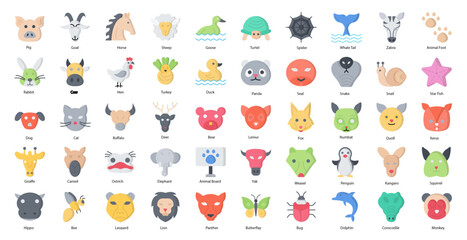 Animals Flat Icons Animal Pet Zoo Iconset in Color Style 50 Vector Icons