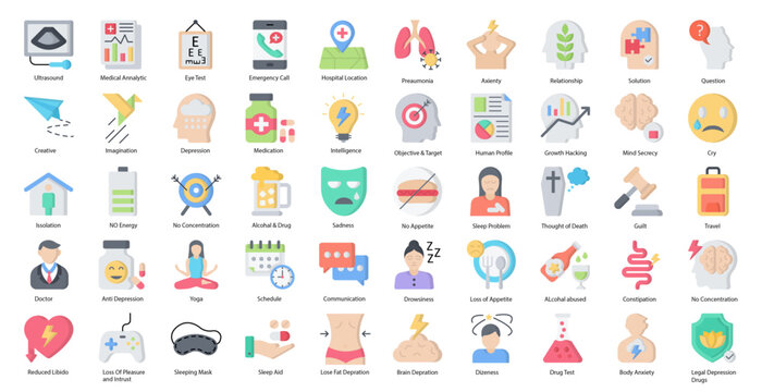 Anxiety Flat Icons Depression Emotion Mental Health Iconset in Color Style 50 Vector Icons