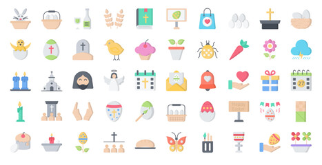 Easter Flat Icons Religion Festival Eggs Iconset in Color Style 50 Vector Icons