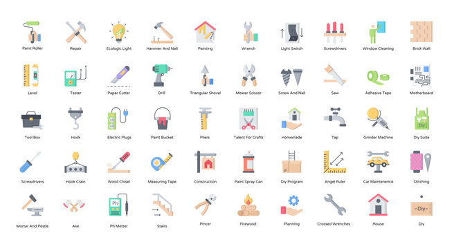 DIY Do It Yourself Flat Icons Homemade House Icon Set in Color Style 50 Vector Icons