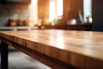 Empty wooden table with out-of-focus kitchen background, IA generativa