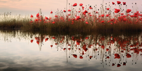 Poppies Mirrored in Still Waters In this serene scene  Generative AI Digital Illustration Part#110623