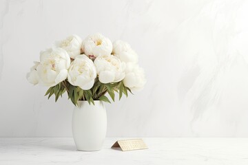 White peonies in a vase with a mock desk calendar on a white backdrop. Generative AI