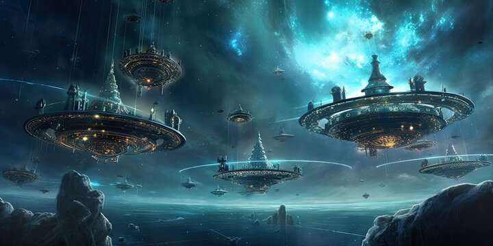 Envision a fleet of interstellar ships embarking on an eternal journey through the cosmos Generative AI Digital Illustration Part#110623 © Cool Patterns