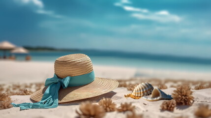 Obraz premium woman straw hat with blue bow and seashell on beach sand at mediterranean sea summer background copy space, generated ai