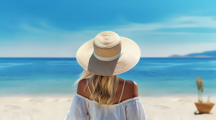 Fototapeta na wymiar woman in straw hat with blue bow and seashell on beach sand at mediterranean sea summer background copy space, generated ai