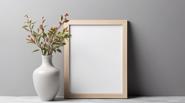 Vertical wooden white frame for text mockup with plants in a pretty vase on a gray background. design idiom. Text spacing Generative AI © 2rogan
