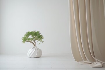 Interior of a luxury home with a curtain, a plant, and a concrete floor. Concept for art and design. a mockup Generative AI