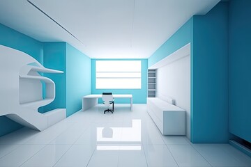 White interior of a home and office with cupboards, a floor-to-ceiling window, and an empty blue wall niche. Design idea for a contemporary living room. Mockup. Generative AI