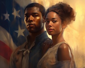 A image of painting of couple of african american man and woman with American flag in the field
