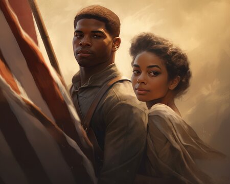 A image of painting of couple of african american couple with the American flag