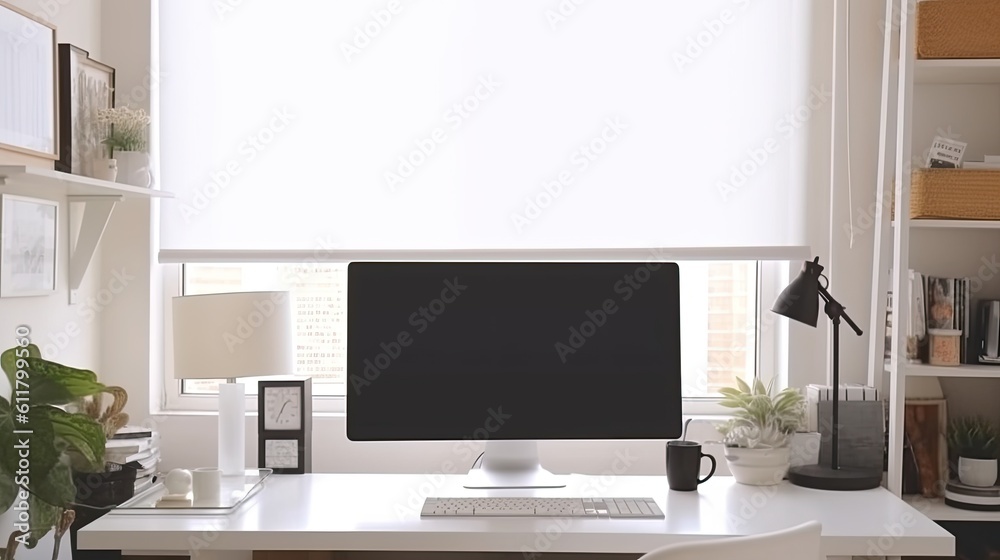 Poster standing in front of a mock-up computer screen in a home office with white walls and a white table. 