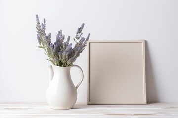 Photo frame mockup with blank front and white backdrop. Background with copy space featuring blue flowers on a white wooden table. interior of a floral home. Generative AI