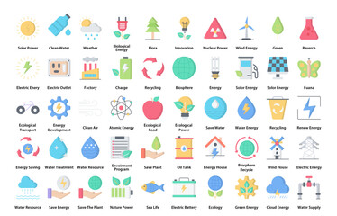 Ecology Flat Icons Environment Pollution Iconset in Color Style 50 Vector Icons