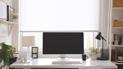 Standing in front of a mock-up computer screen in a home office with white walls and a white table. working from home and the idea of advertising Generative AI