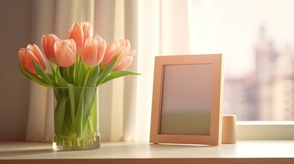 Vacation mockup. Close-up of tulip flowers in a glass vase with picture frame d�cor on a wooden table background, a Mothers' Day design concept. Generative AI