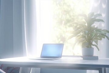 hazy basic home working room in the background, minimal workstation tabletop with notebook laptop white screen mockup, accessories, and copy space. Generative AI