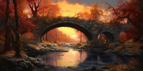 Sunlit Passage: A mesmerizing scene unfolds as a twig bridge gracefully spans the tranquil river  Generative AI Digital Illustration Part#110623