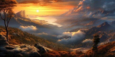 Ethereal Horizons: Aerial Symphony of Sunset and Majestic Mountains  Generative AI Digital Illustration Part#110623