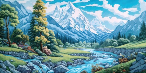 Alpine Serenity: Azure and Aquamarine in Hinchel Or's Traditional Swiss Mountains and River  Generative AI Digital Illustration Part#110623
