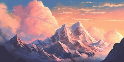 Ethereal Dawn: Delicate Details of Snow-Capped Peaks Generative AI Digital Illustration Part#110623