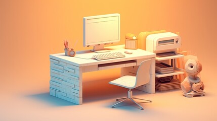 White wooden desk, imitation computer screen, and simple white office workspace. a filing cabinet for books. Generative AI