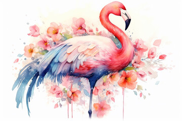 Generative AI. Portret of a Flamingo bird, watercolor painting. Red flamingo (Phoenicopterus ruber), zoological illustration