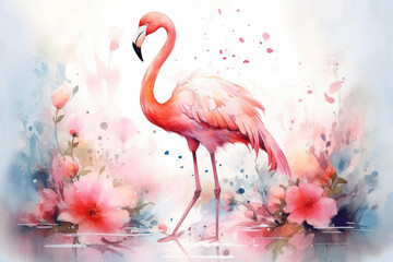 Generative AI. Portret of a Flamingo bird, watercolor painting. Red flamingo (Phoenicopterus ruber), zoological illustration