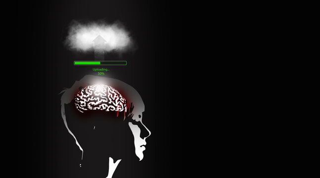 Mind uploading, Brain upload concept. Data and information are uploaded to the cloud system with a progress bar and percentage shown
