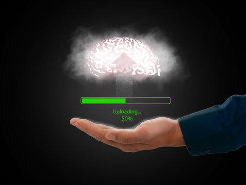 Mind uploading, Brain upload concept. Data and information are uploaded to the cloud system with a progress bar and percentage shown