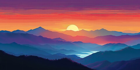 Naklejka na ściany i meble Sunset Horizons: A Majestic Mountain Vista Generative AI Digital Illustration Part#110623