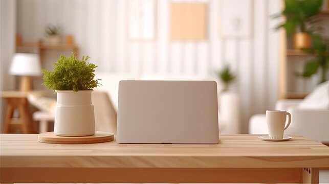 With a blurred modern room interior in the background, a contemporary wood workplace table is topped with a portable laptop computer mockup with a white screen and accessories. close-up Generative AI