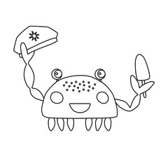 Cute crab character with captain hat and ice cream, doodle style vector outline for coloring book